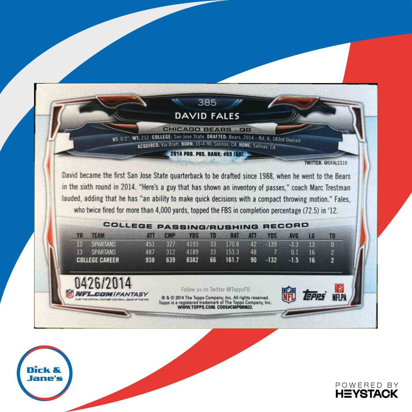 2014 Topps David Fales Gold 426/2014 #385 RC Chicago Bears - Sports Cards