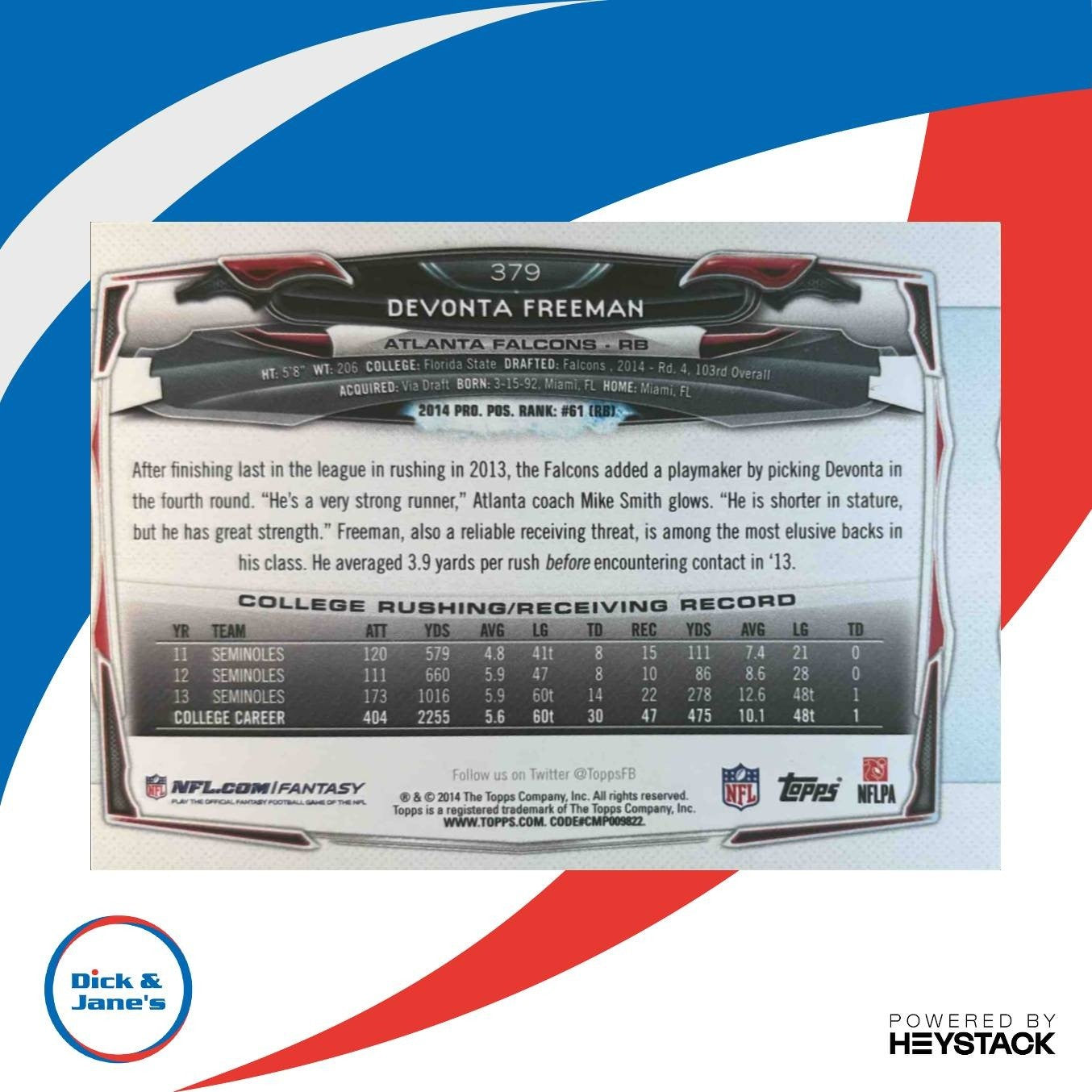 2014 Topps Devonta Freeman #379 RC Atlanta Falcons - Sports Cards