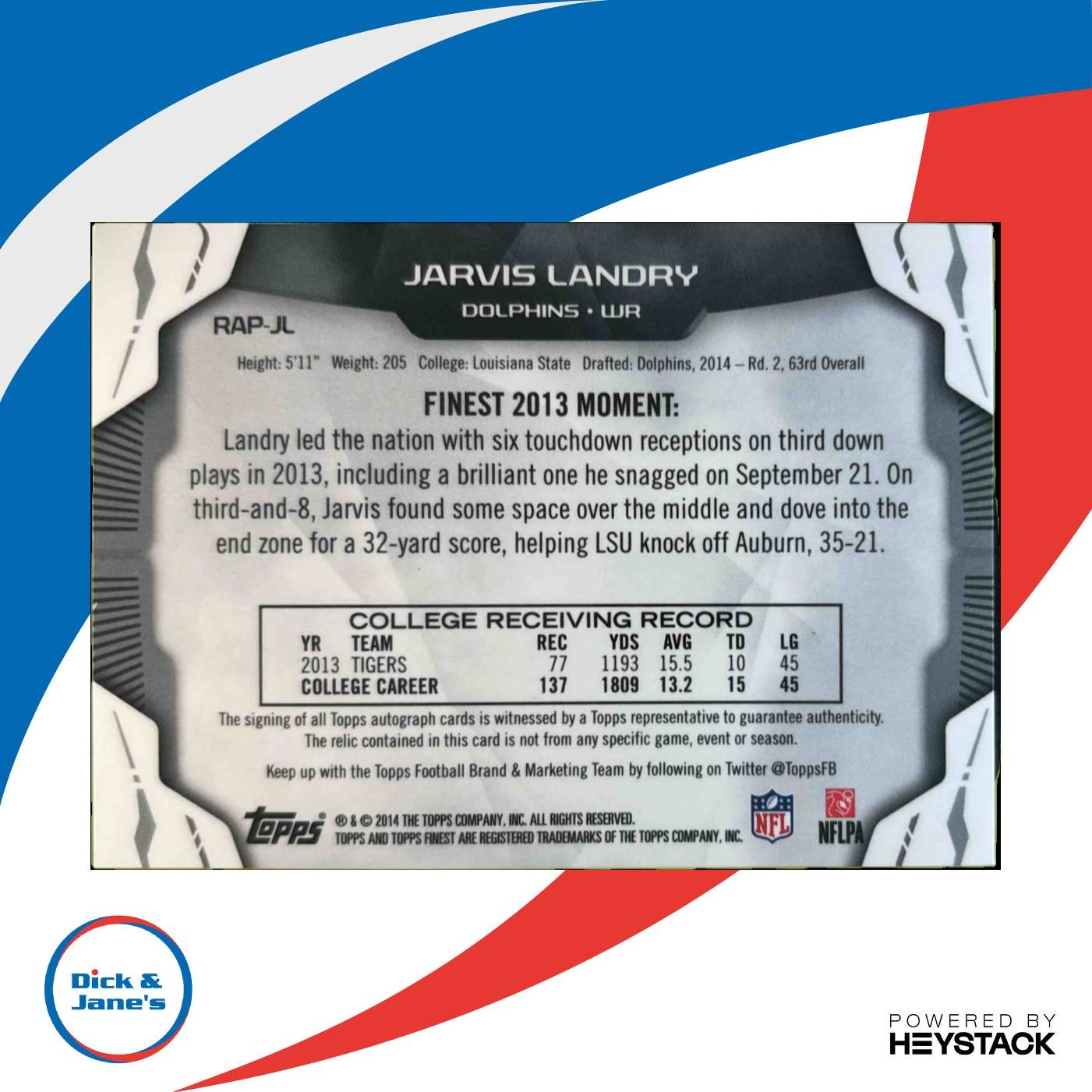 2014 Topps Finest Jarvis Landry Rookie Patch Auto Refractor RC Miami Dolphins - Sports Cards