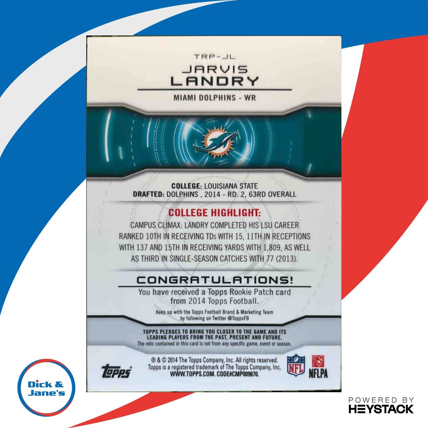 2014 Topps Jarvis Landry Rookie Patch #TRP-JL RC Miami Dolphins - Sports Cards