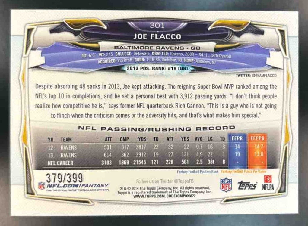 2014 Topps Joe Flacco Camo /399 #301 Baltimore Ravens - Sports Cards