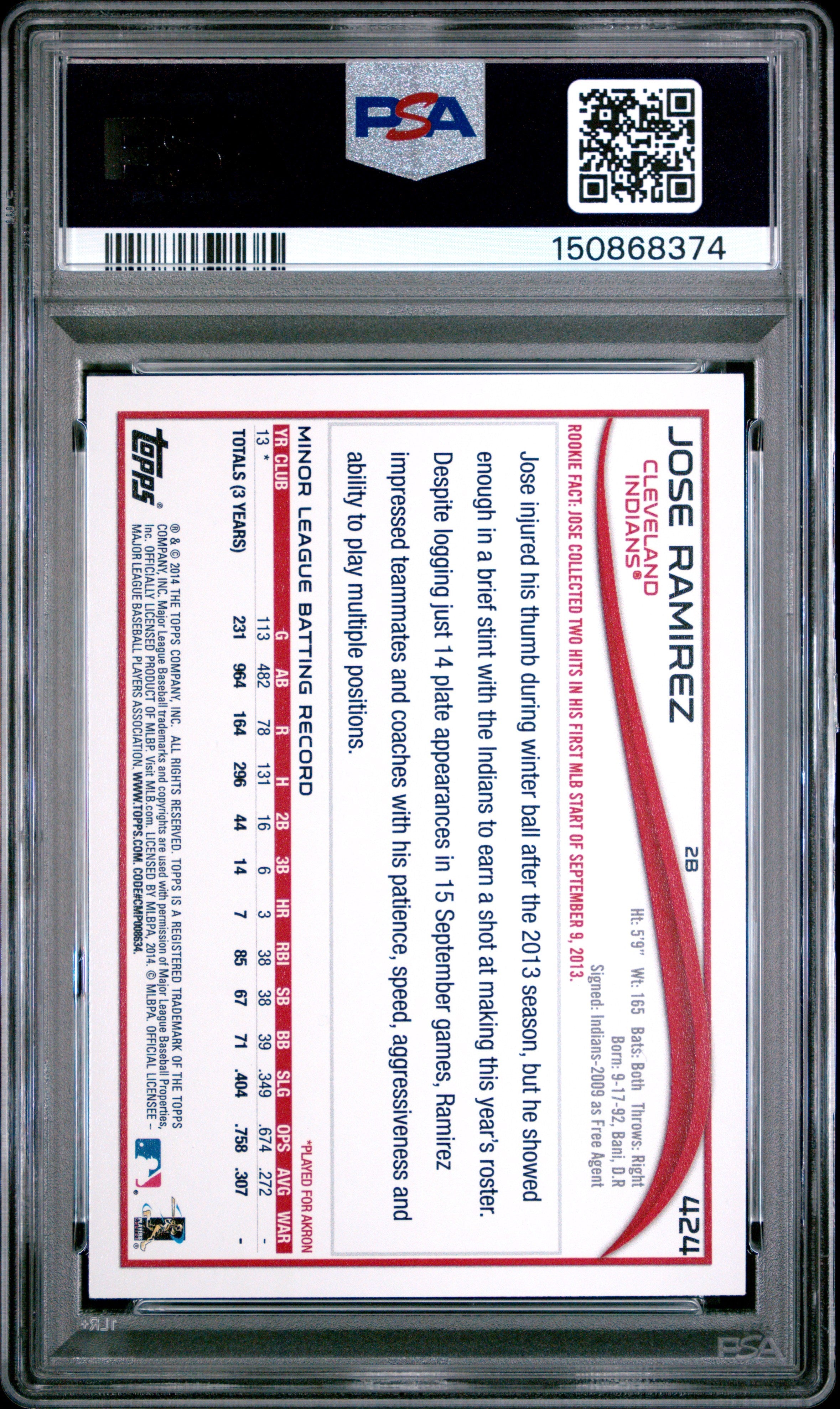 2014 Topps Jose Ramirez #424 PSA 9 - Graded Sports Cards