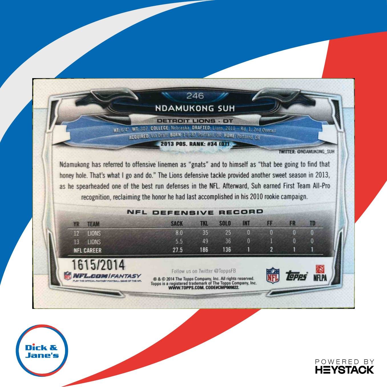 2014 Topps Ndamukong Suh Gold 1615/2014 #246 Detroit Lions - Sports Cards
