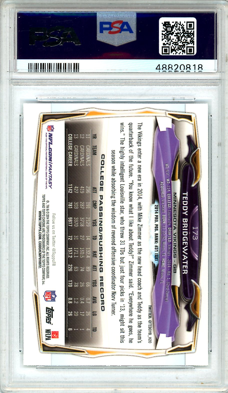 2014 Topps Teddy Bridgewater Ball Over Head Xfractor Rookie PSA 9 Minnesota - Graded Sports Cards