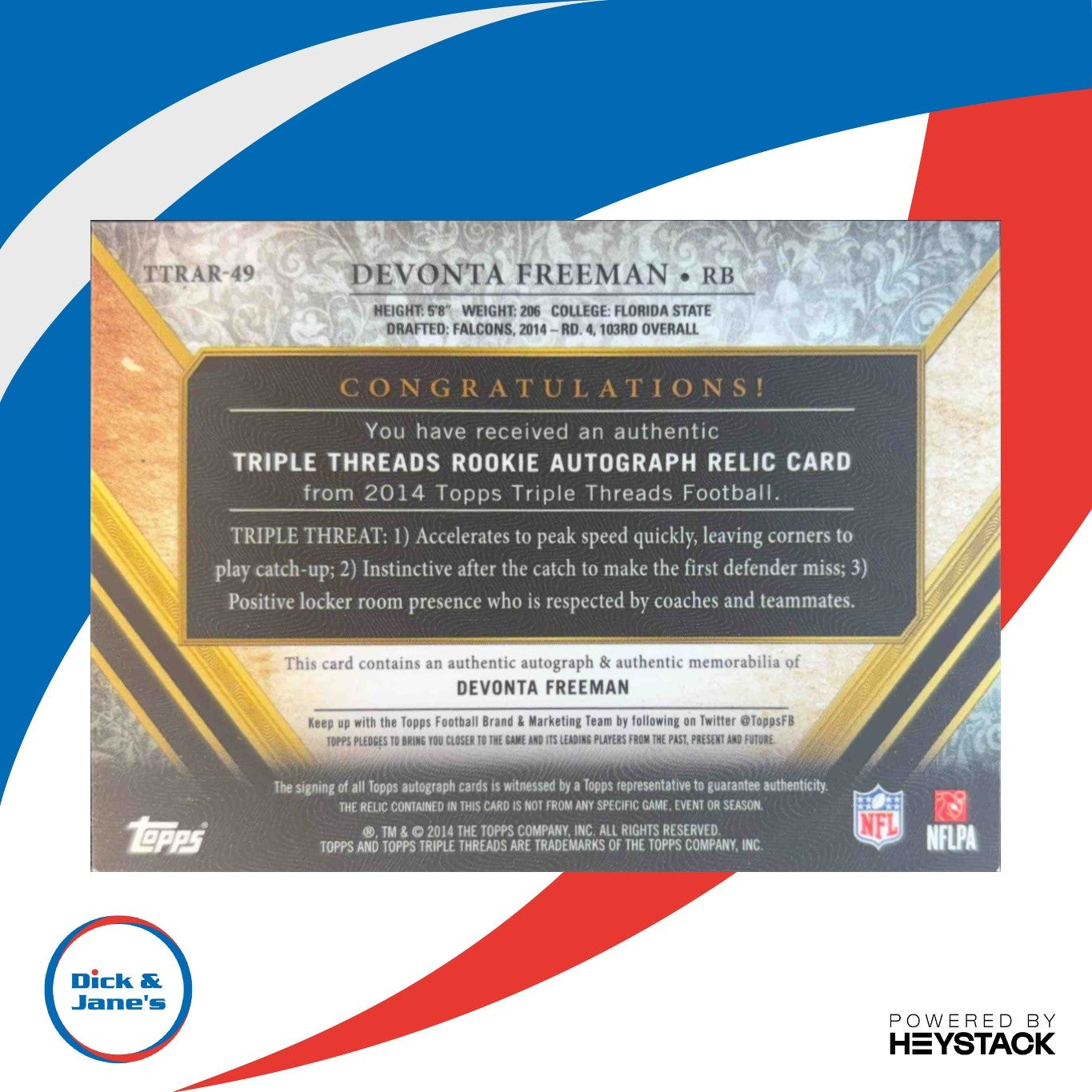 2014 Topps Triple Threads Devonta Freeman Rookie Auto Relics Emerald 28/50 RC - Sports Cards