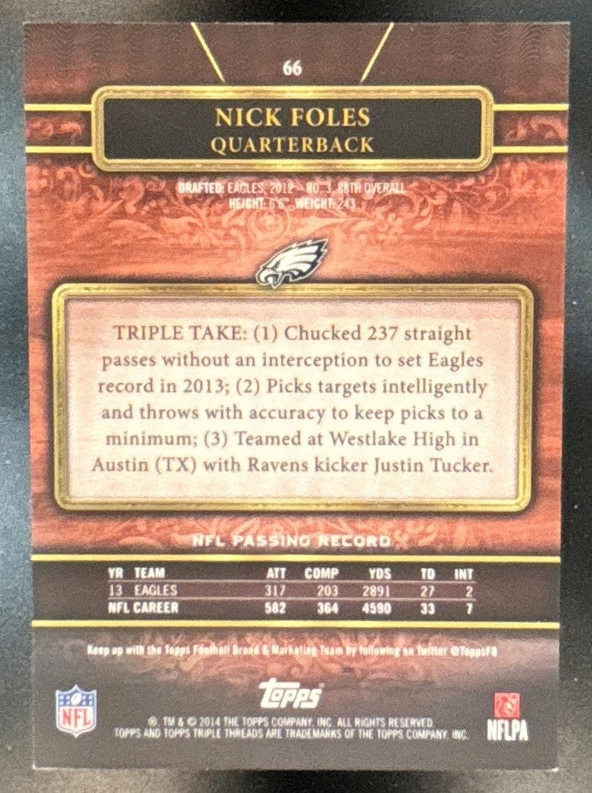 2014 Topps Triple Threads Nick Foles Gold 91/99 #66 Philadelphia Eagles - Sports Cards