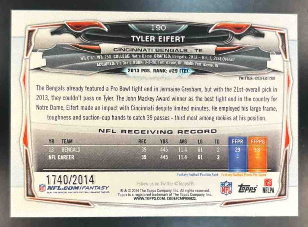 2014 Topps Tyler Eifert Gold /2014 #190 Cincinnati Bengals - Sports Cards