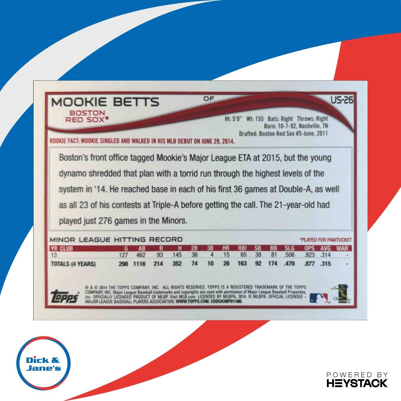 2014 Topps Update Mookie Betts #US-26a RC Boston Red Sox Rookie Card DJ1 - Sports Cards