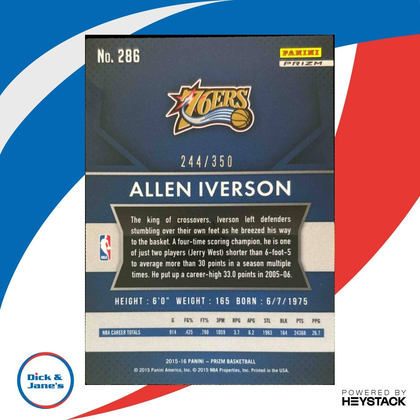 2015-16 Panini Prizm Allen Iverson Ruby Wave Prizms /350 #286 Philadelphia 76ers - Sports Cards