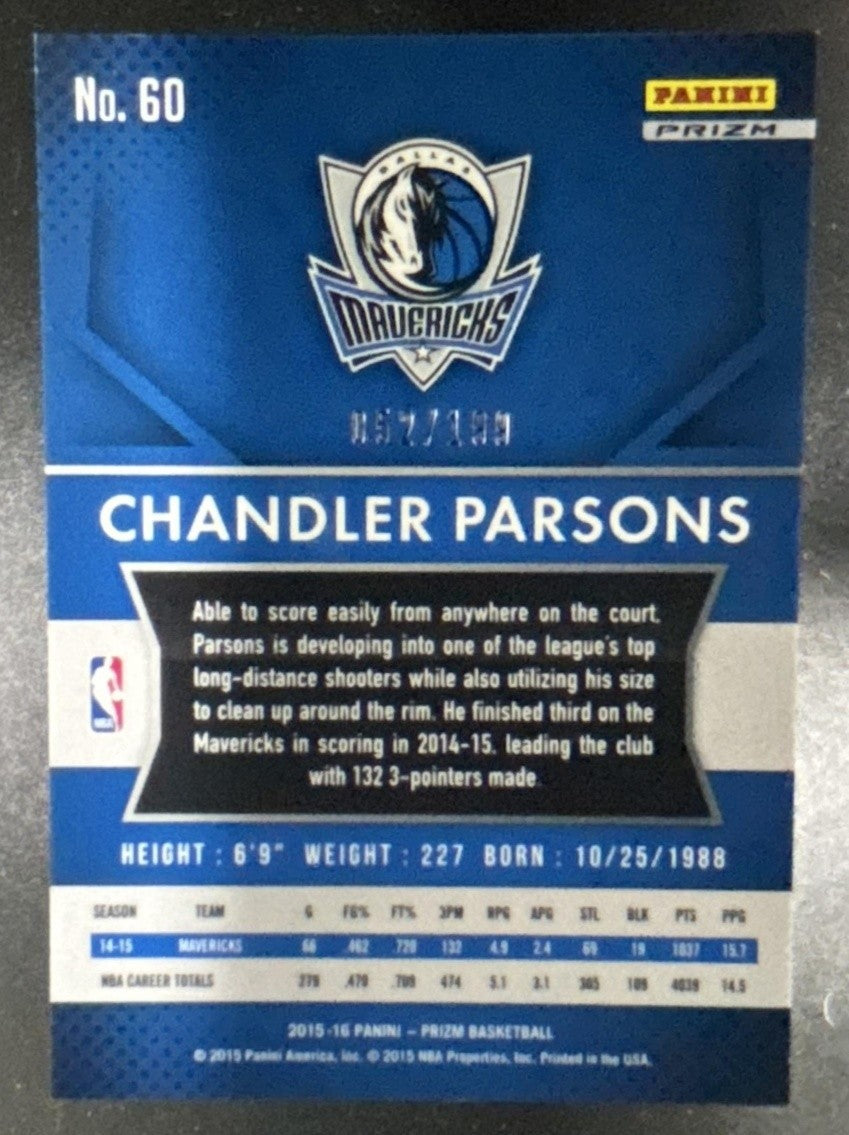 2015-16 Panini Prizm Chandler Parsons Light Blue Prizm /199 #60 Dallas Mavericks - Sports Cards