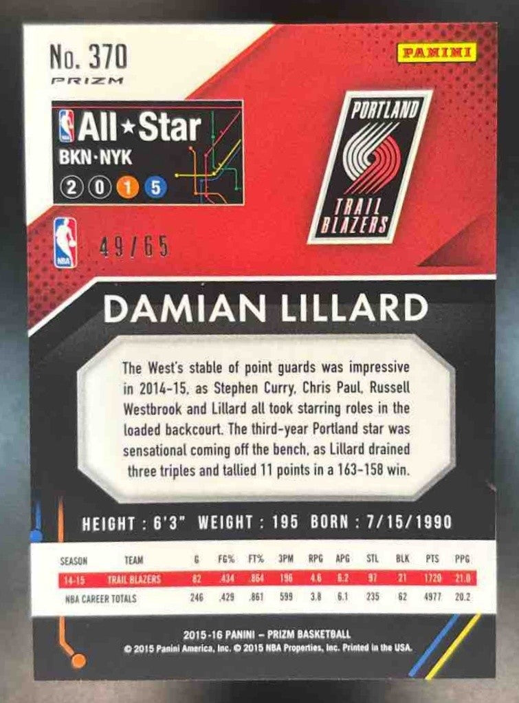 2015-16 Panini Prizm Damian Lillard Orange Prizms /65 #370 Portland Trail Blazer - Sports Cards