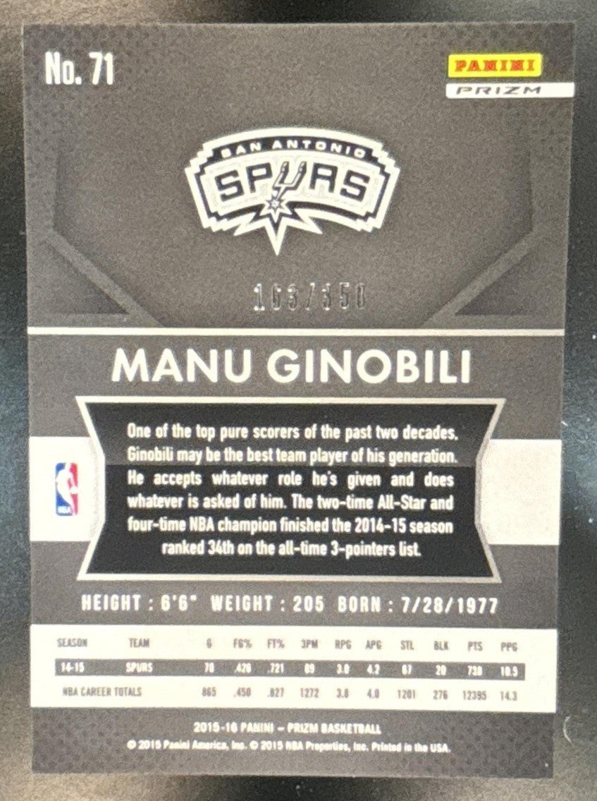 2015-16 Panini Prizm Manu Ginobili Ruby Wave Prizms /350 #71 San Antonio Spurs - Sports Cards