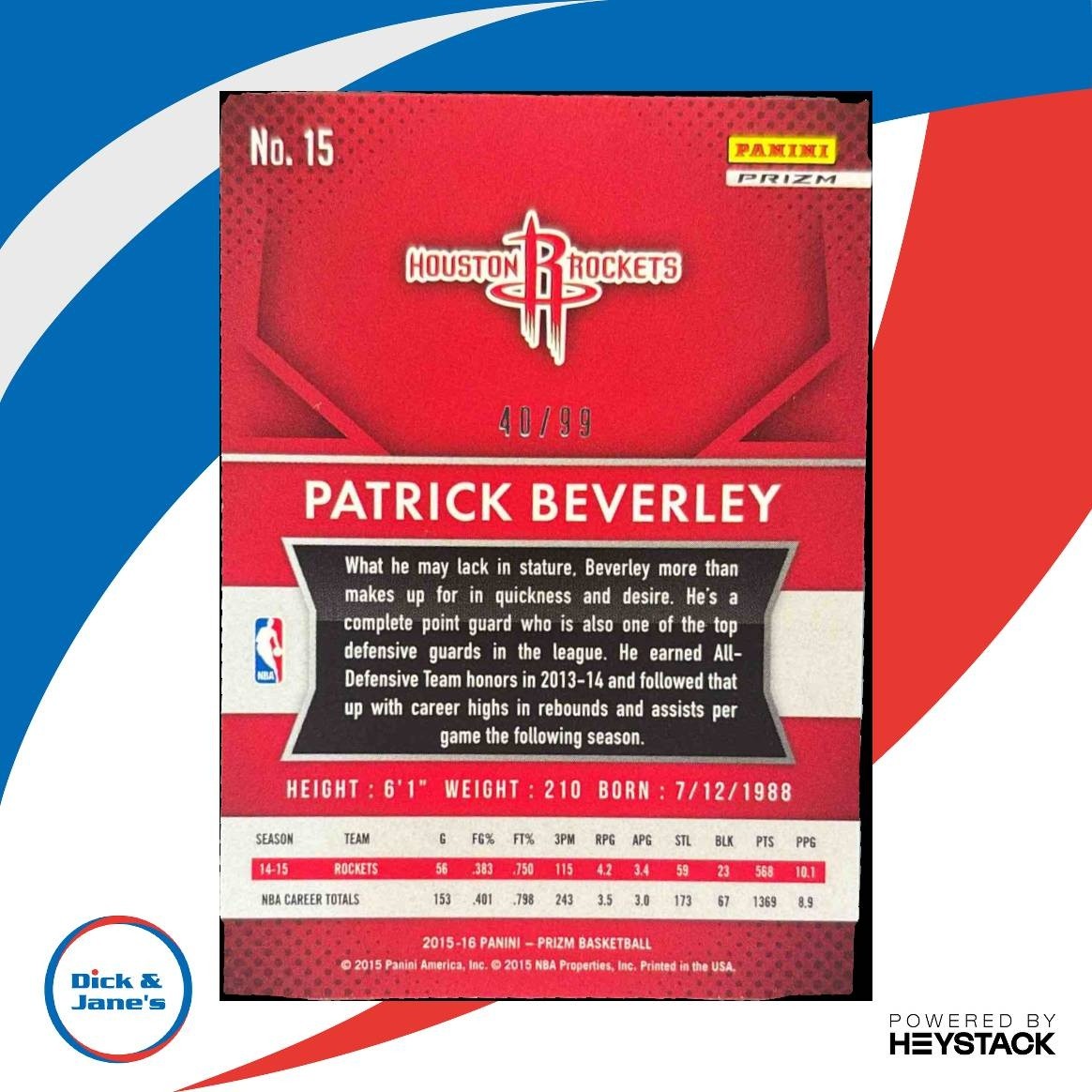 2015-16 Panini Prizm Patrick Beverley Purple Prizms 40/99 #15 Houston Rockets - Sports Cards