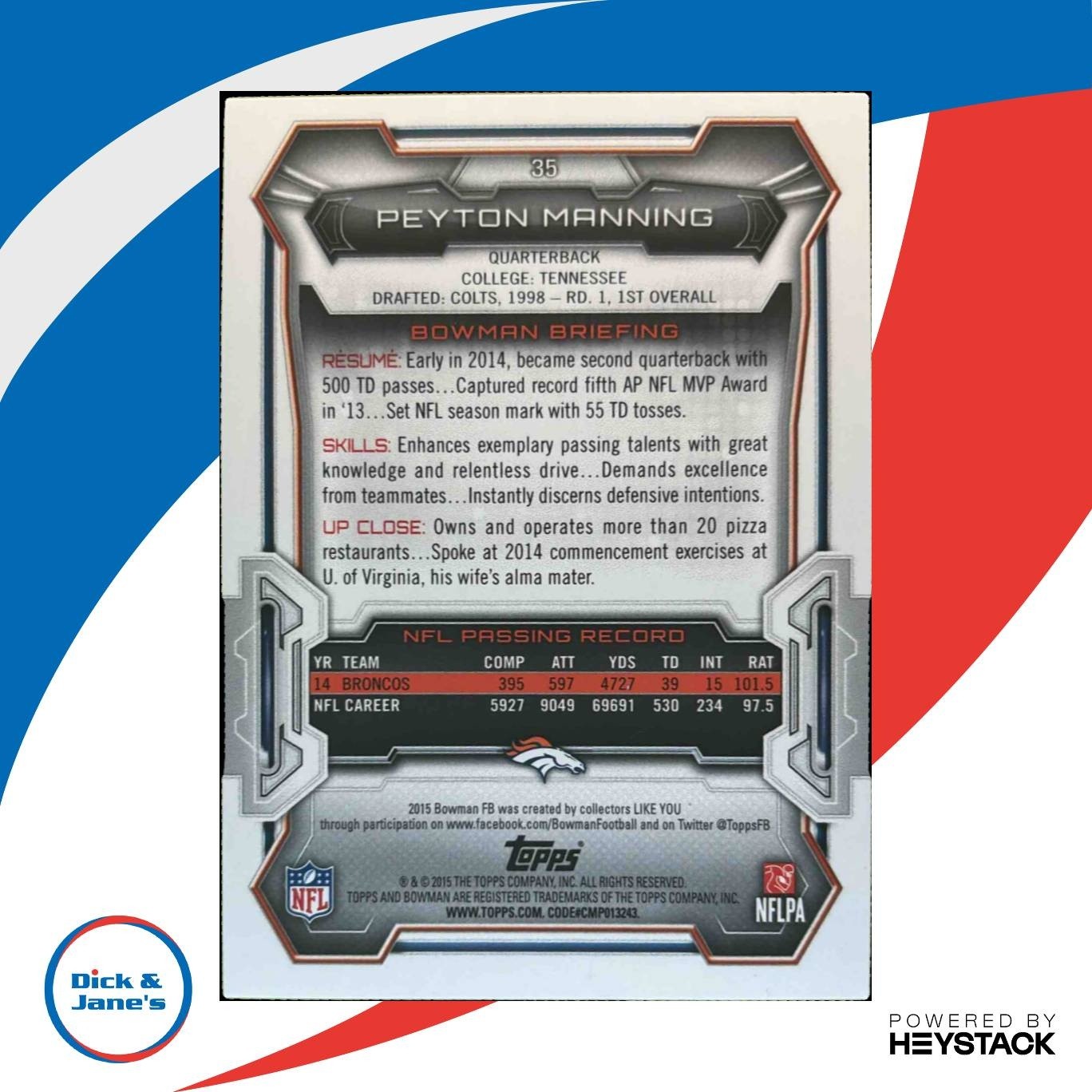 2015 Bowman Peyton Manning Veterans Rainbow Silver Ice #35 Denver Broncos - Sports Cards