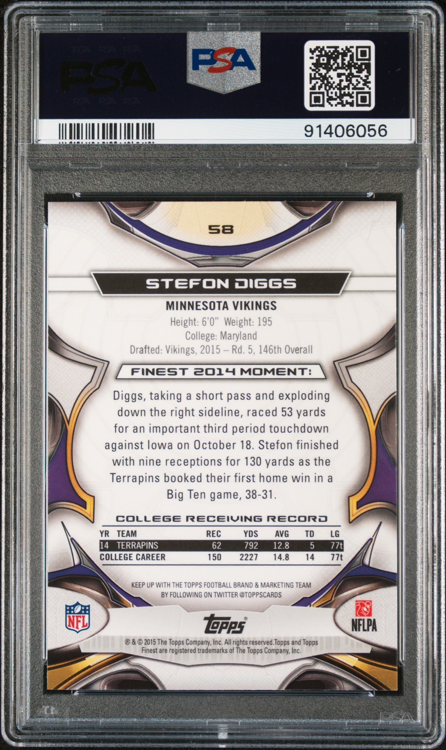 2015 Finest Stefon Diggs #58 PSA 10 GEM MINT - Graded Sports Cards