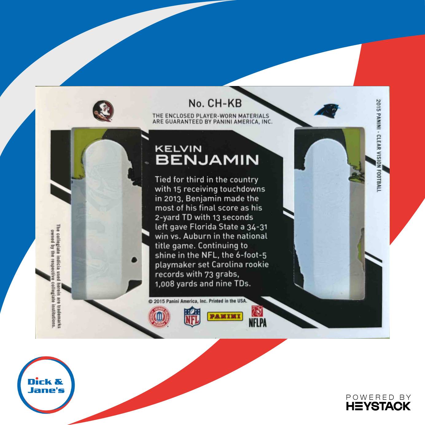 2015 Panini Clear Vision Kelvin Benjamin History Dual Jersey Prime /49 #CH-KB - Sports Cards