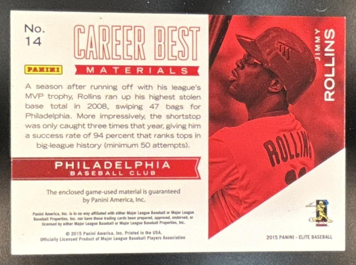 2015 Panini Elite Jimmy Rollins Career Bests Materials /199 #14 Phillies - Sports Cards