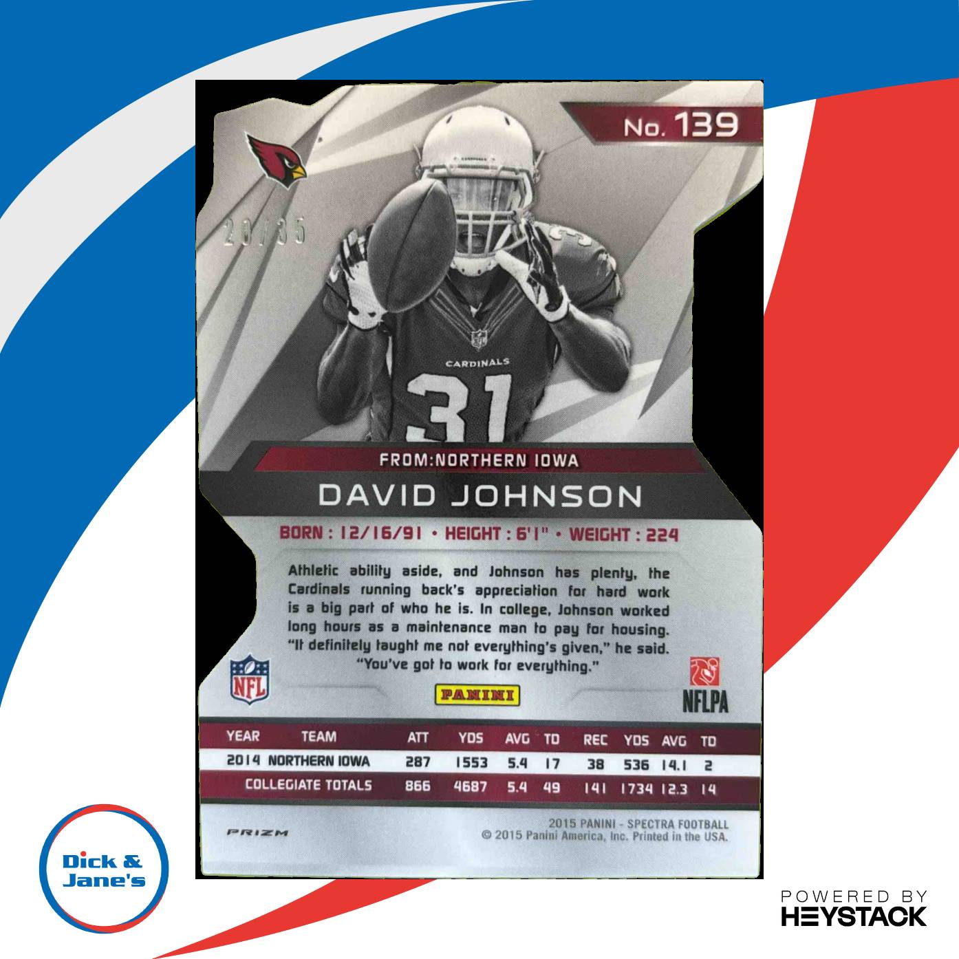 2015 Panini Spectra David Johnson Neon Blue Die Cut 20/35 #139 RC Cardinals - Sports Cards