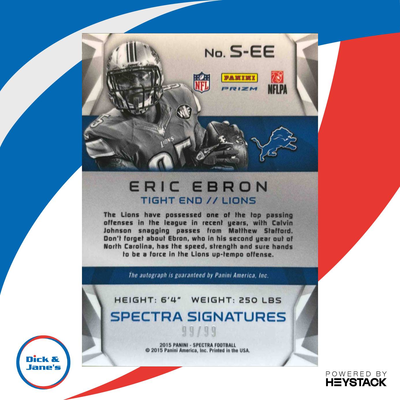 2015 Panini Spectra Eric Ebron Signatures 99/99 #S-EE Auto Detroit Lions - Sports Cards