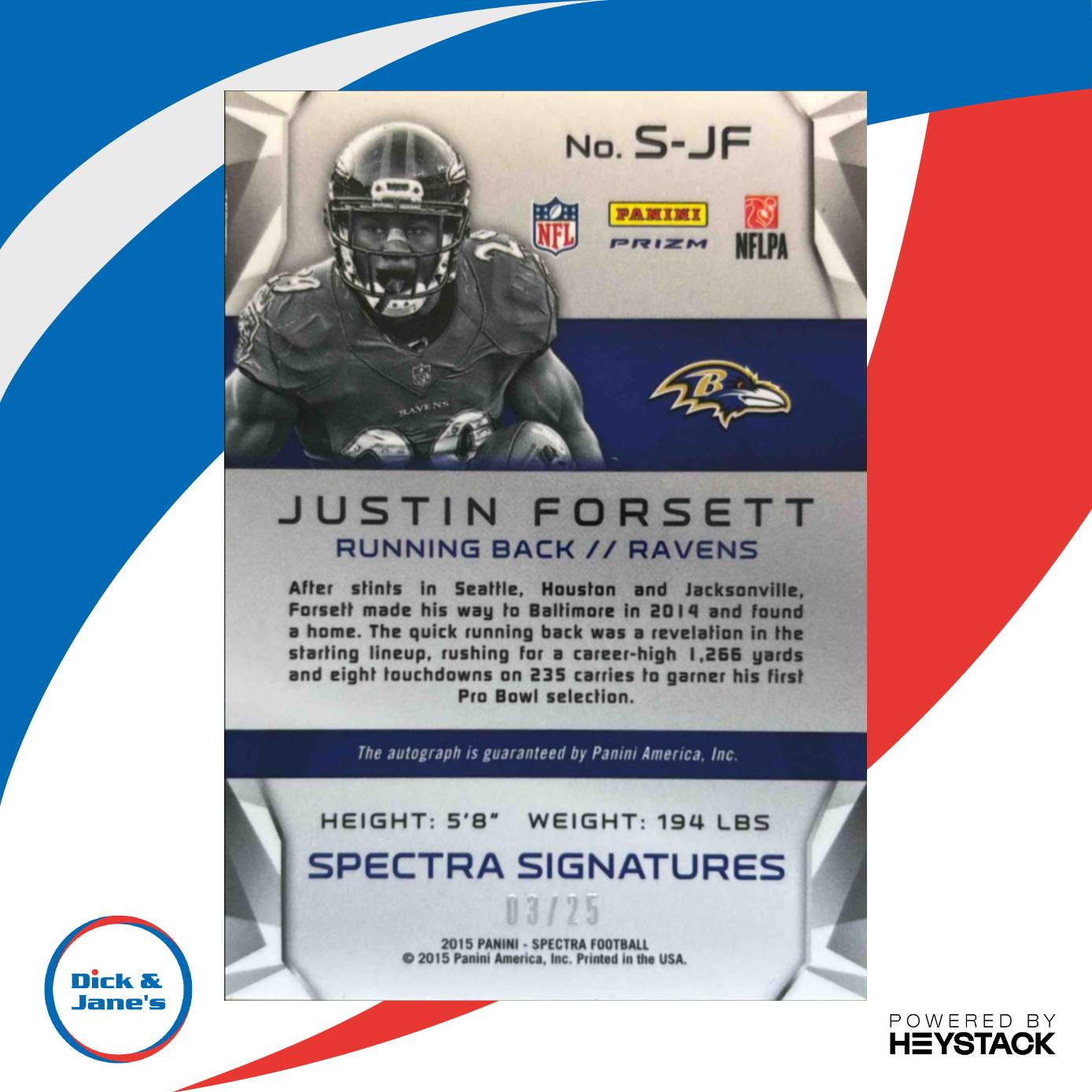 2015 Panini Spectra Justin Forsett Signatures Neon Green 3/25 #S-JF Ravens - Sports Cards