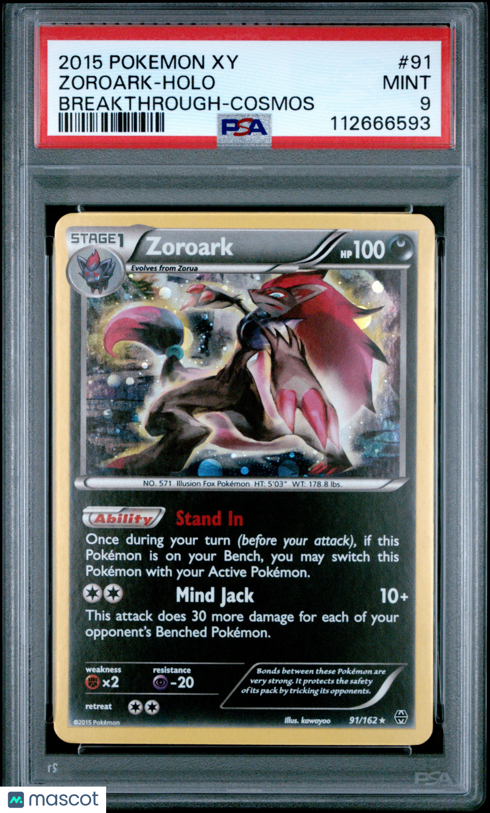 2015 Pokemon XY Zoroark #91 Breakthrough-Cosmos PSA 9 MINT - Graded TCG/CCG