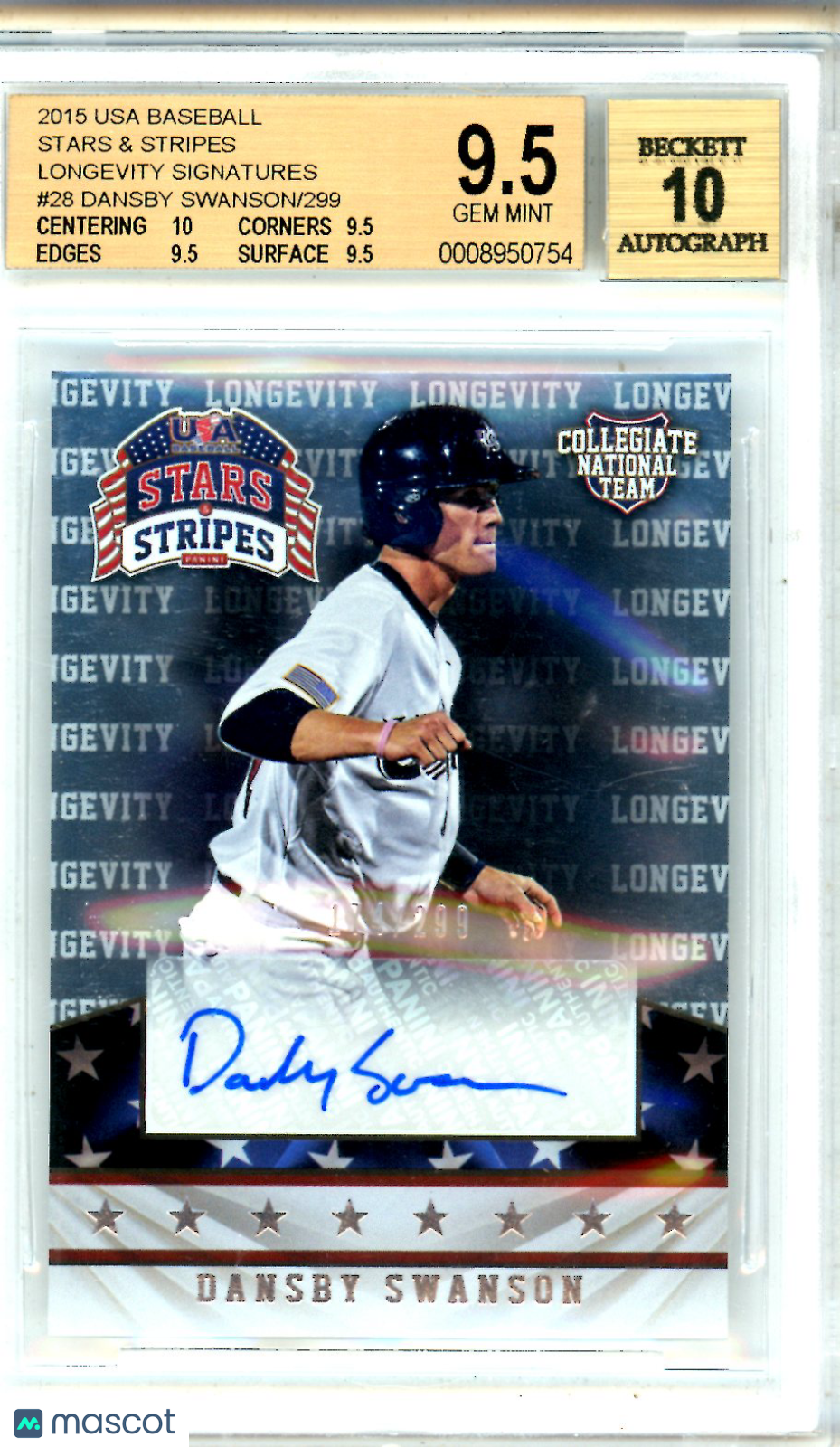 2015 Stars and Stripes Longevity SIg. Dansby Swanson /299 BGS 9.5 AUTO 10 - Graded Sports Cards