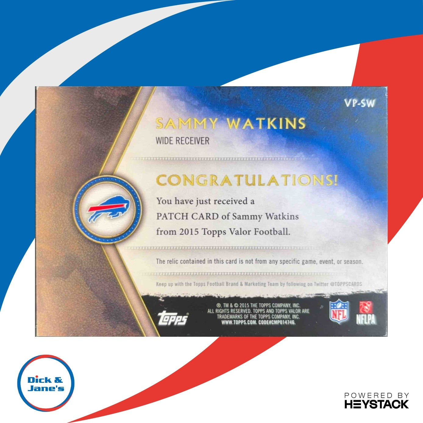 2015 Topps Valor Sammy Watkins Patches /289 #VP-SW Buffalo Bills - Sports Cards