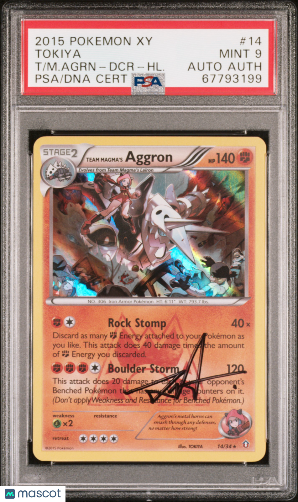 2015 XY Double Crisis Pokemon Team Magma’s Aggron #14 Autographed / Signed PSA 9 - Graded TCG/CCG