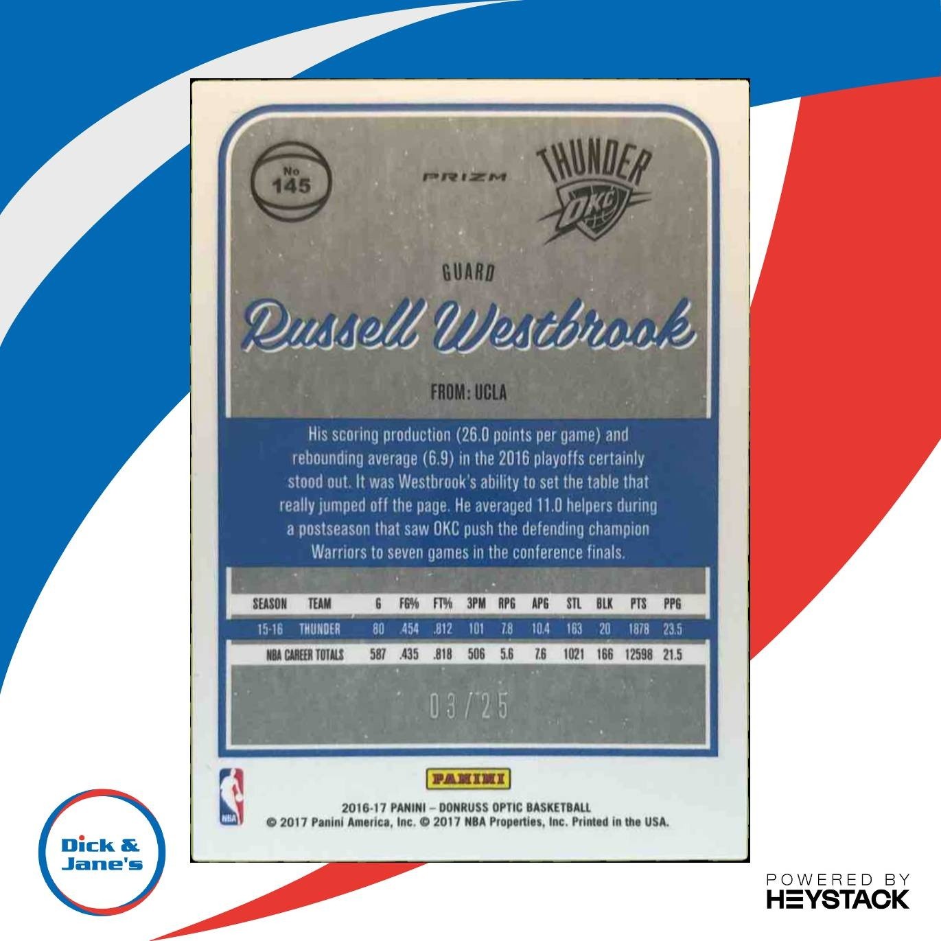 2016-17 Donruss Optic Russell Westbrook Aqua 3/25 #145 Oklahoma City Thunder - Sports Cards