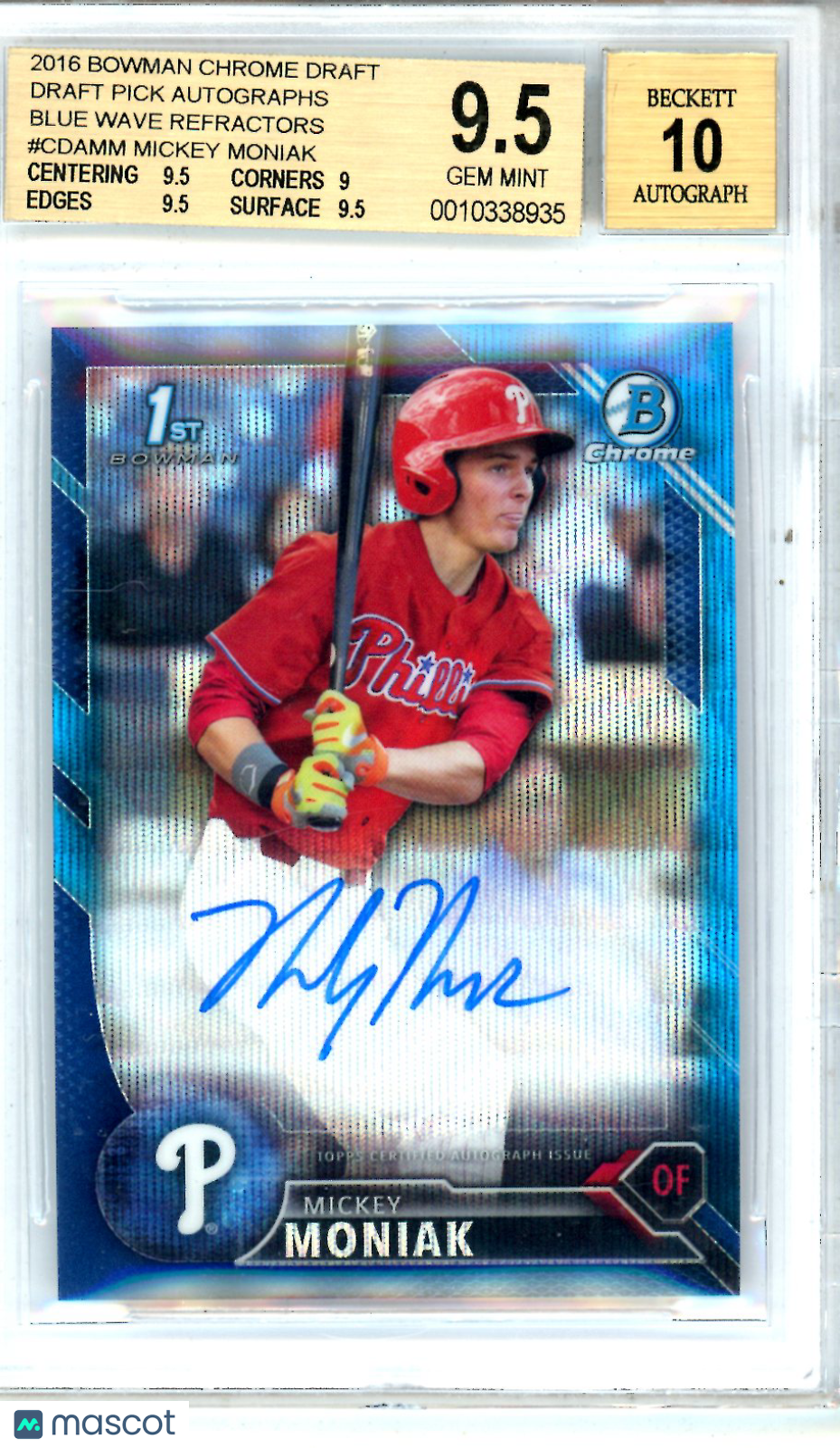2016 Bowman Chrome Draft Mickey Moniak 032/150 Rookie #CDAMM BGS 9.5 AUTO 10 - Graded Sports Cards