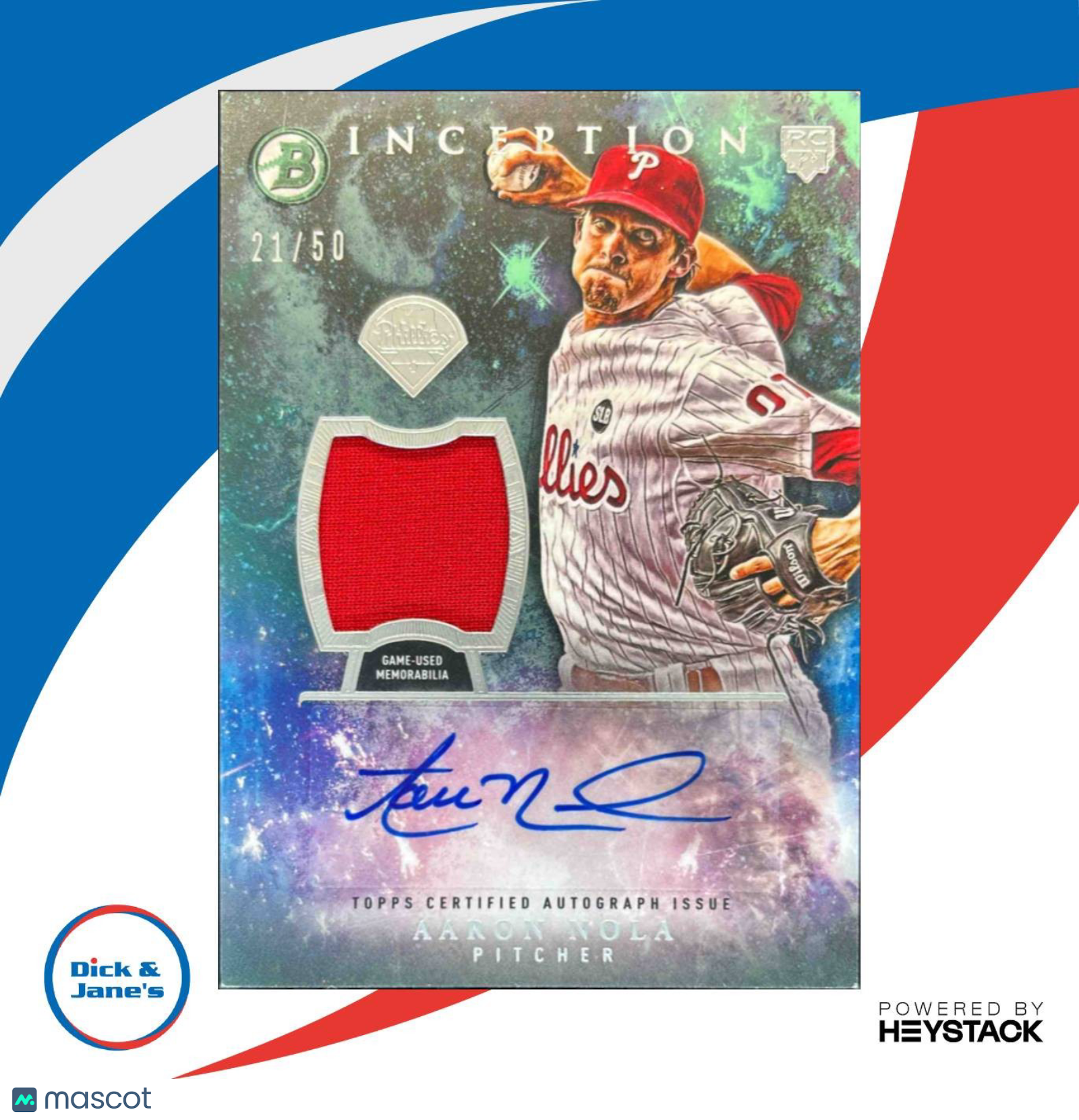2016 Bowman Inception Aaron Nola Relic Auto Green /50 RC Philadelphia Phillies - Sports Cards