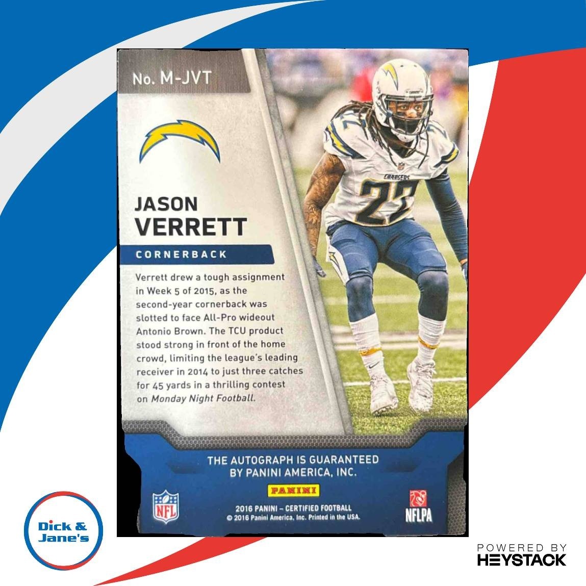 2016 Panini Certified Jason Verrett Mirror Signatures Blue /40 T Auto Chargers - Sports Cards