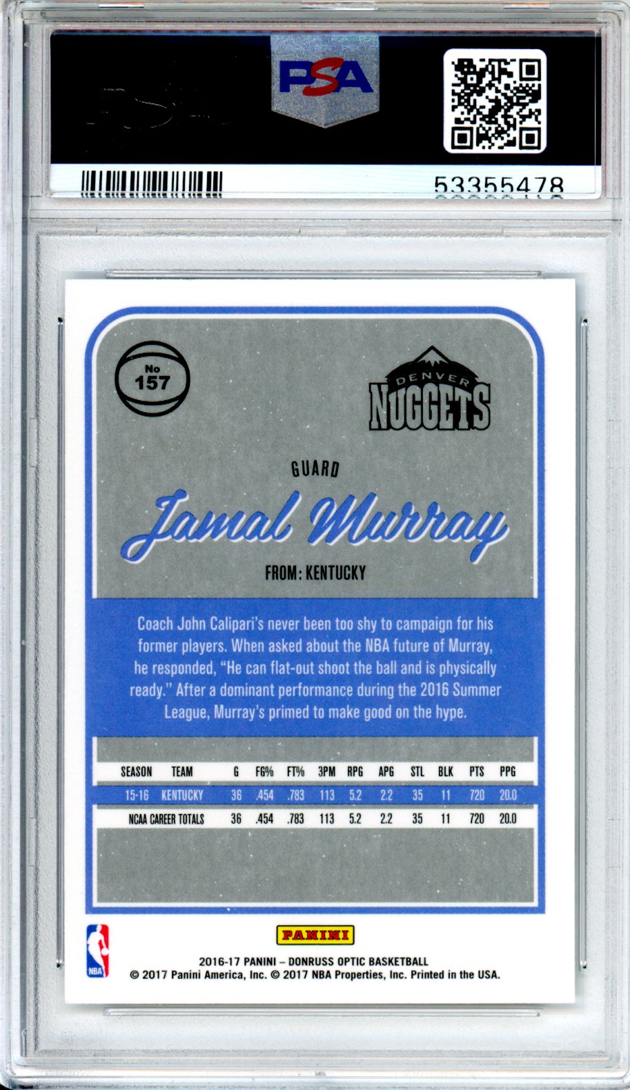 2016 Panini Donruss Optic Jamal Murray Rookie #157 PSA 9 Denver Nuggets - Graded Sports Cards