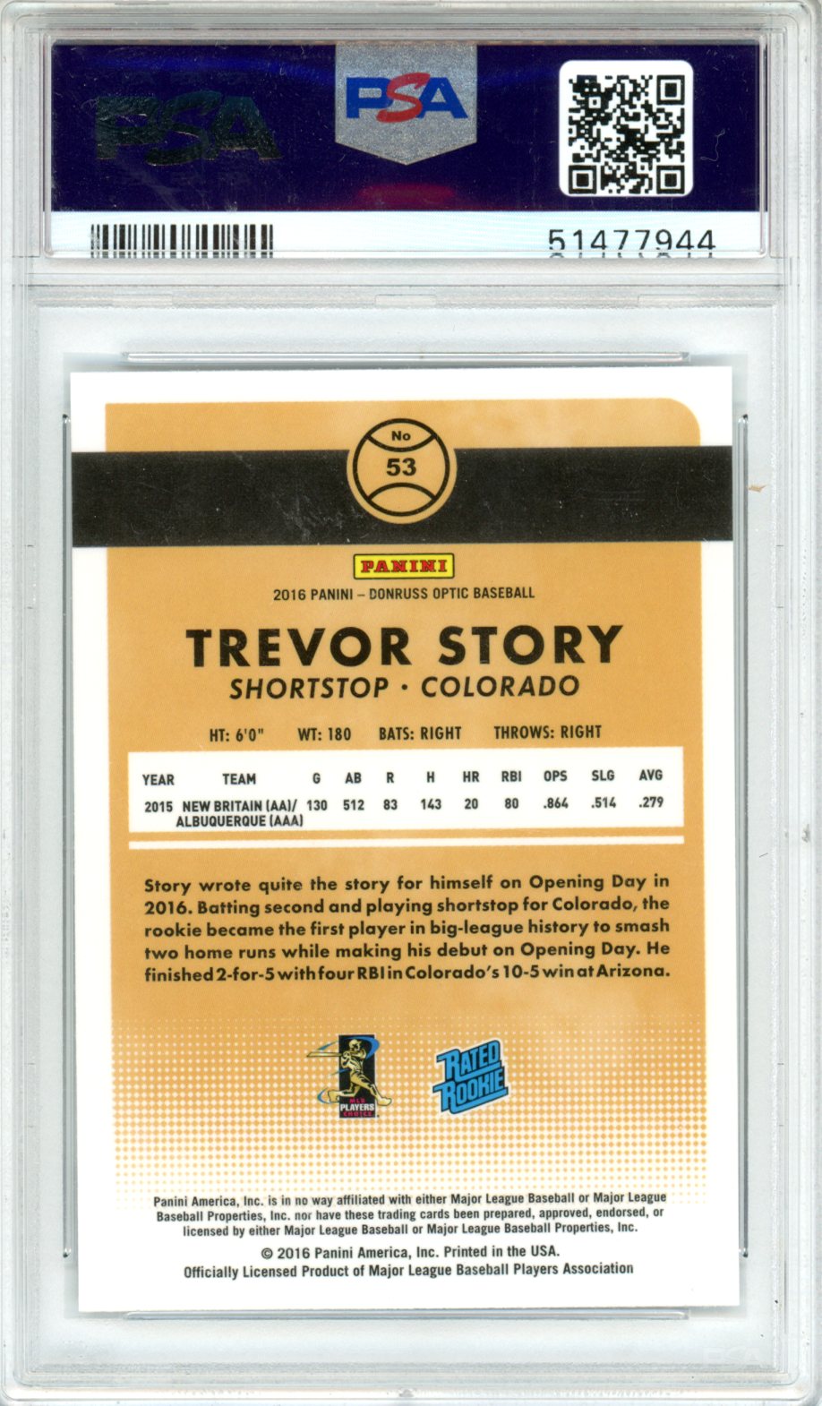 2016 Panini Donruss Optic Trevor Story Holo #53 PSA 10 - Graded Sports Cards