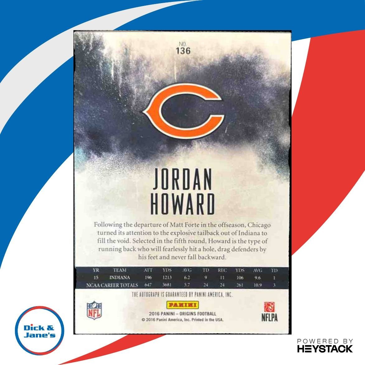 2016 Panini Origins Jordan Howard #136 RC Auto Chicago Bears - Sports Cards