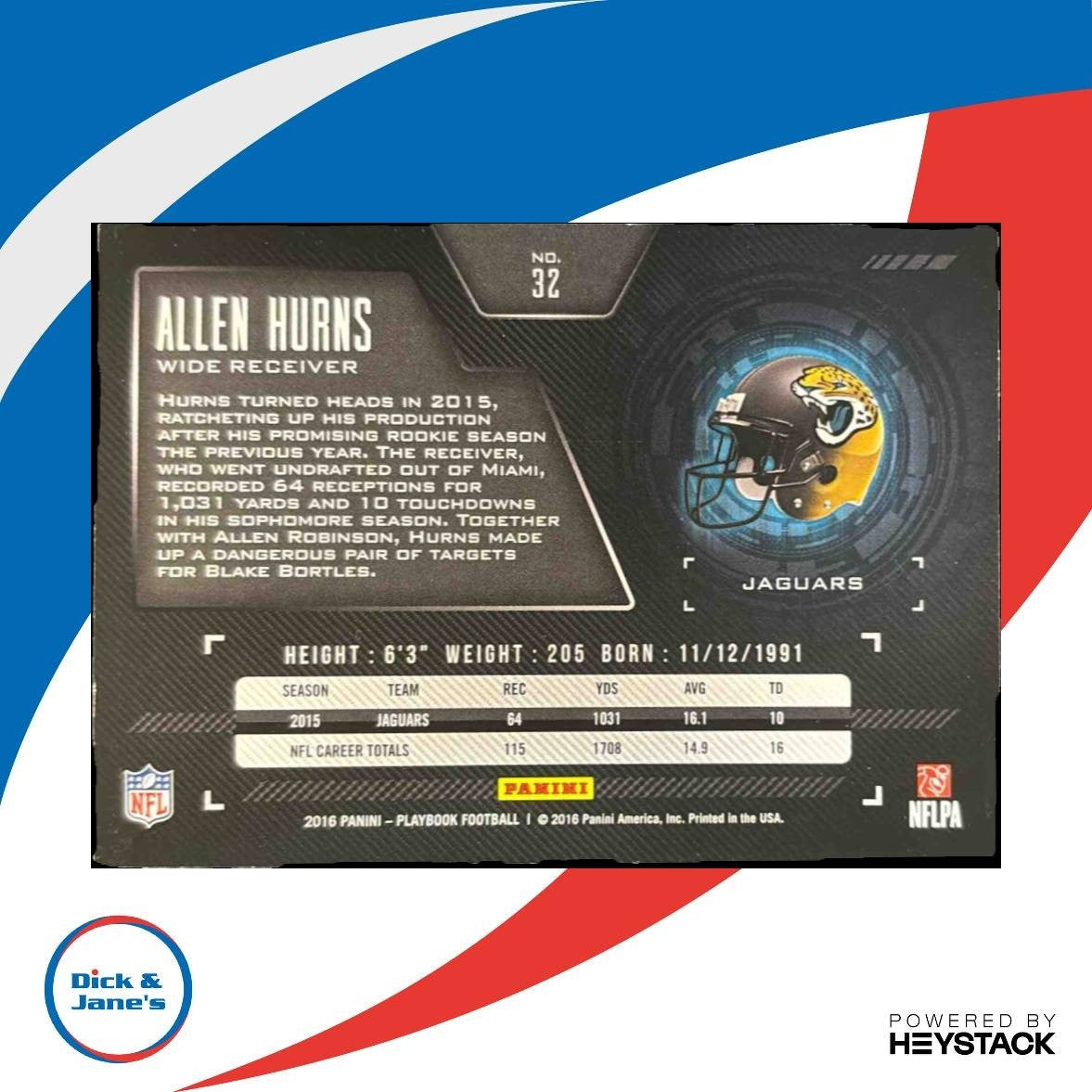 2016 Panini Playbook Allen Hurns Green 17/25 #32 Jacksonville Jaguars - Sports Cards