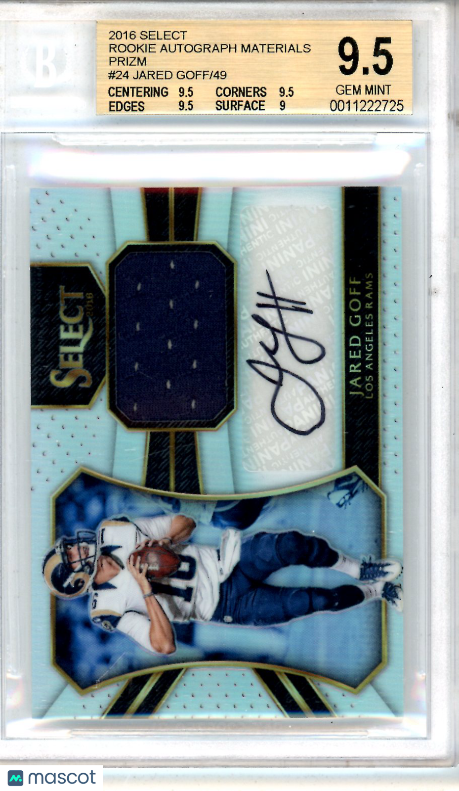 2016 Select Rookie Auto Materials Prizm Jared Goff Rookie /49 BGS 9.5 AUTO 10 - Graded Sports Cards