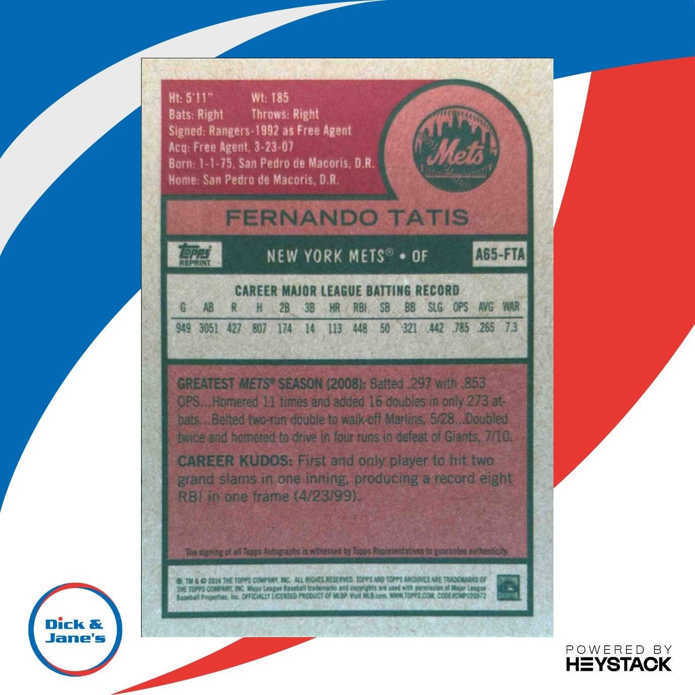 2016 Topps Archives 65th Anniversary Edition Fernando Tatis Auto New York Mets - Sports Cards