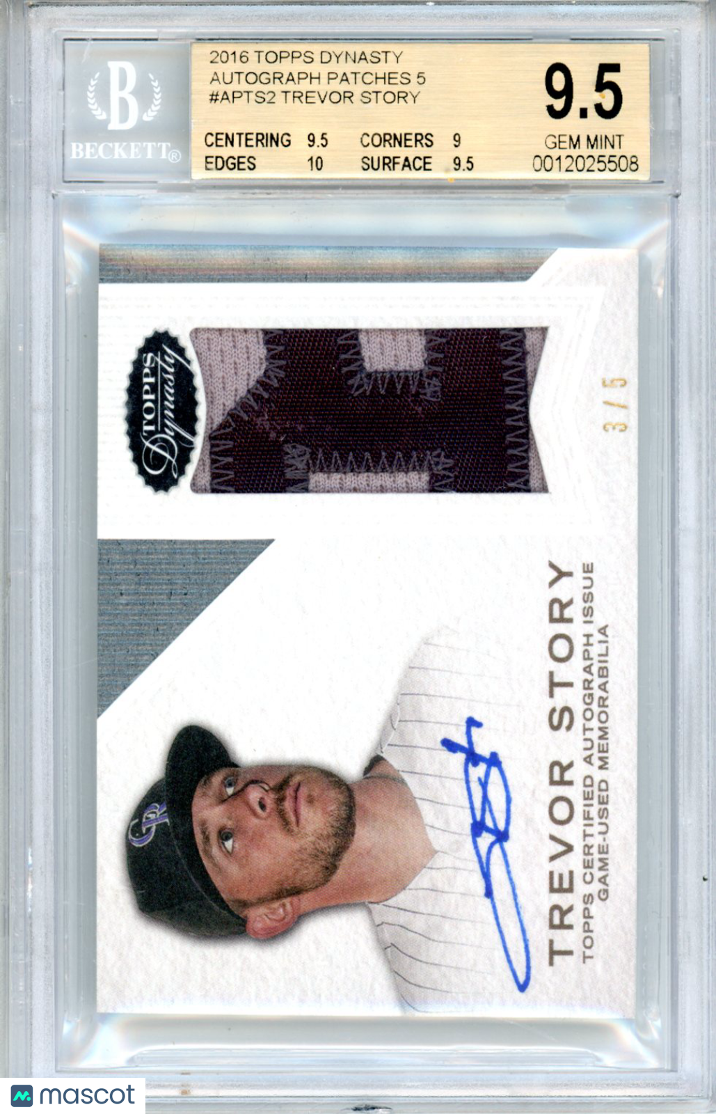 2016 Topps Dynasty Autograph Patches 5 Trevor Story #APTS2 BGS 9.5 - Graded Sports Cards