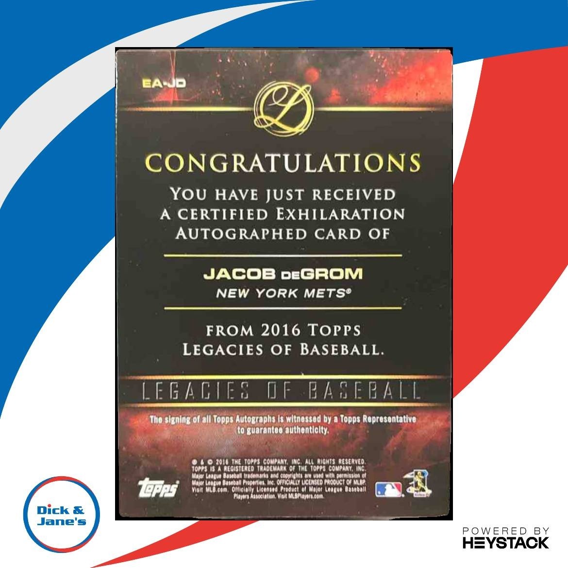 2016 Topps Legacies of Baseball Jacob deGrom Exhilaration Auto /199 New York Met - Sports Cards