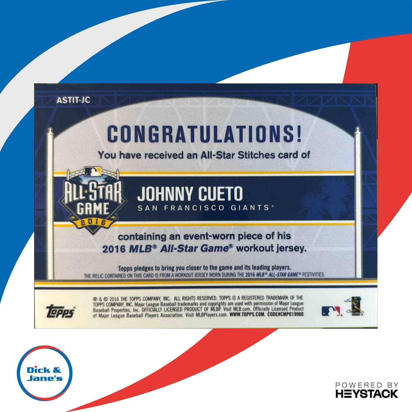 2016 Topps Update Johnny Cueto All Star Stitches MEM San Francisco Giants - Sports Cards