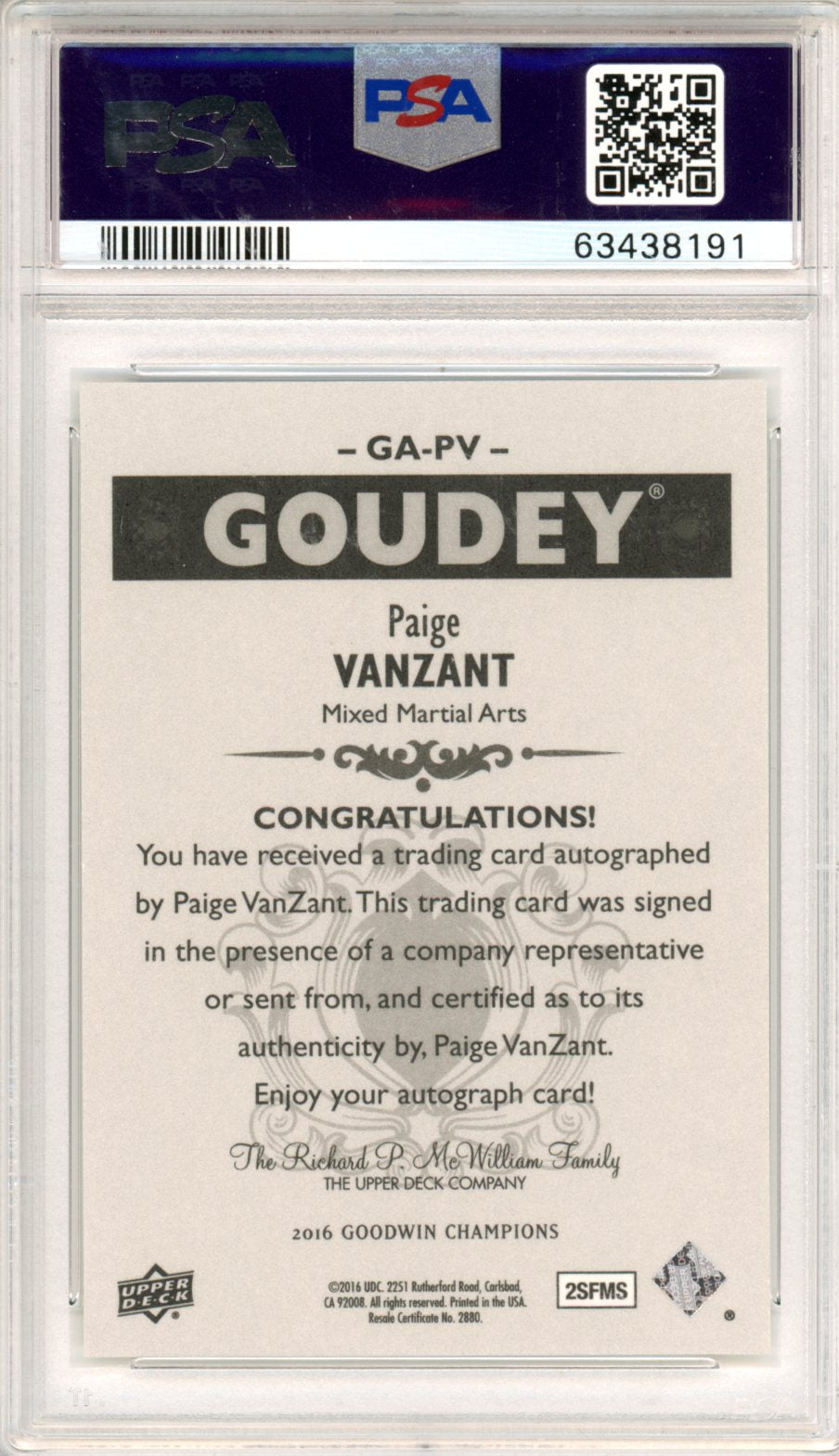 2016 Upper Deck Goodwin Champions Goudey Autographs Paige Vanzant #GAPV PSA 10 - Graded Sports Cards