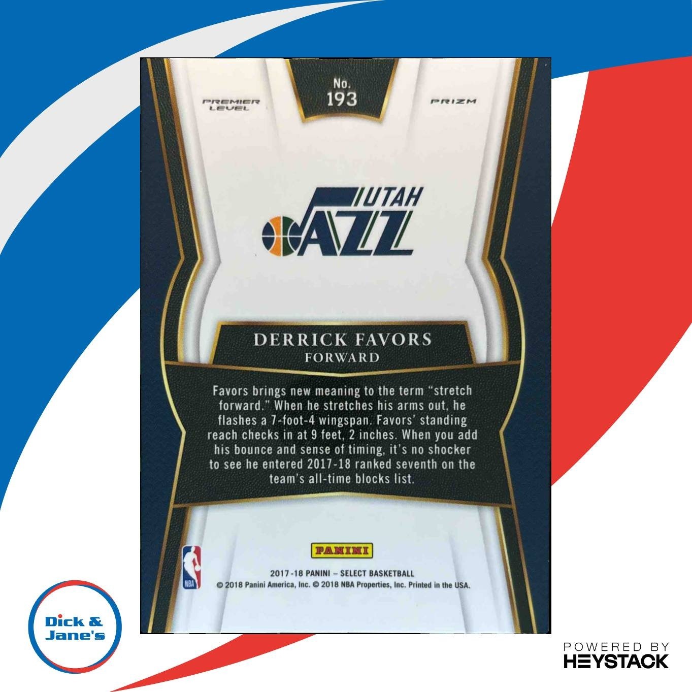 2017-18 Panini Select Derrick Favors Zebra Prizms #193 Premier Level Utah Jazz - Sports Cards