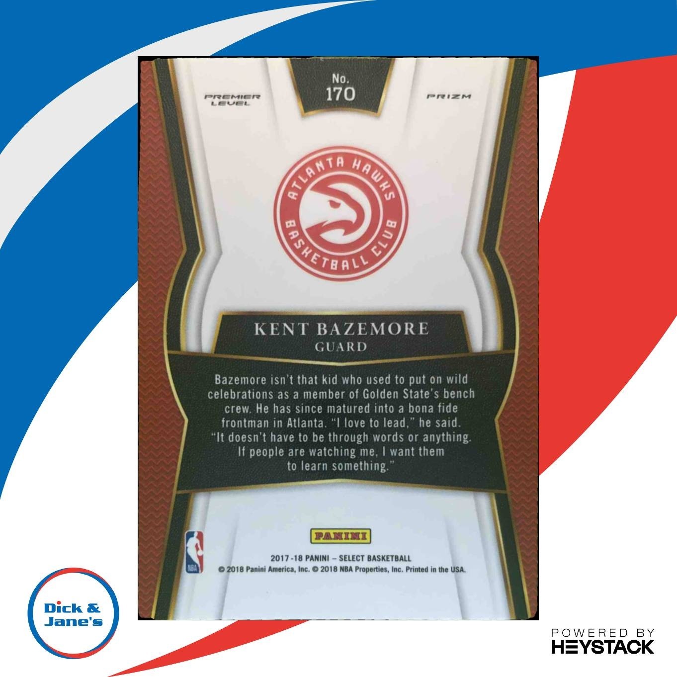2017-18 Panini Select Kent Bazemore Zebra Prizms #170 Atlanta Hawks - Sports Cards