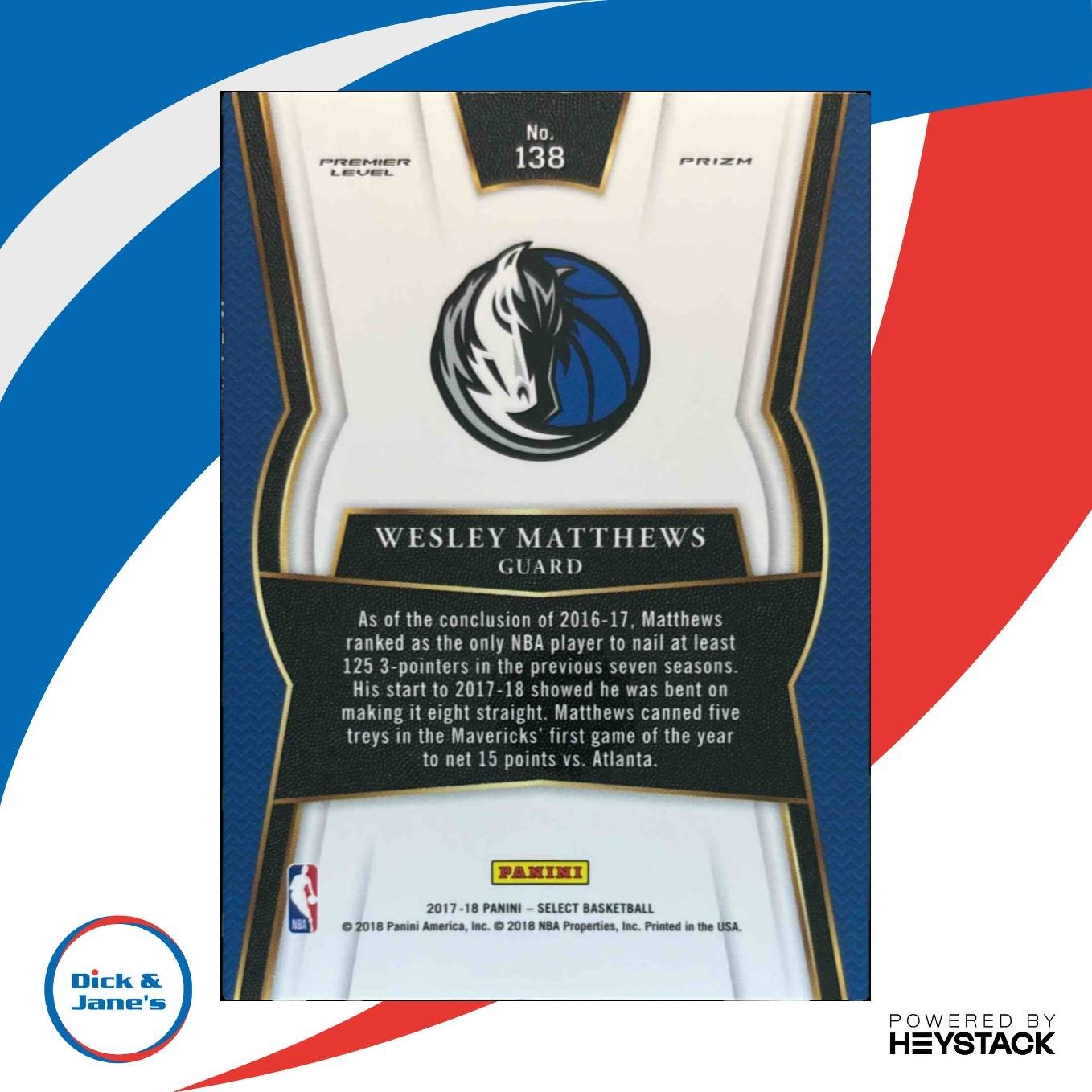 2017-18 Panini Select Wesley Matthews Zebra Prizms #138 Dallas Mavericks - Sports Cards