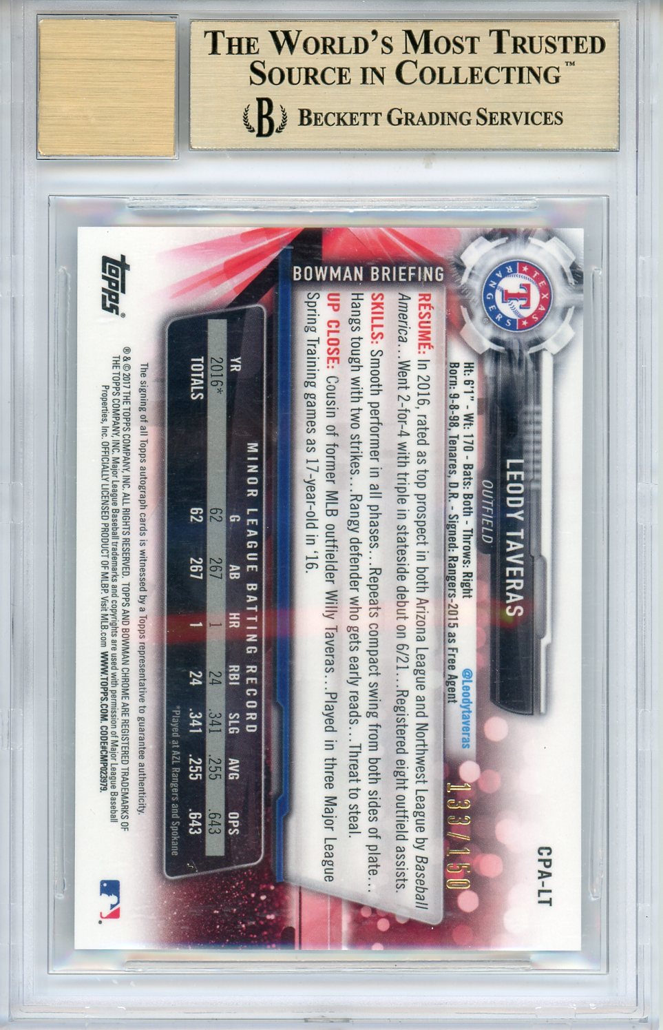 2017 Bowman Chrome Prospect Auto Blue Mega Refractors Leody Taveras BGS 9.5 - Graded Sports Cards