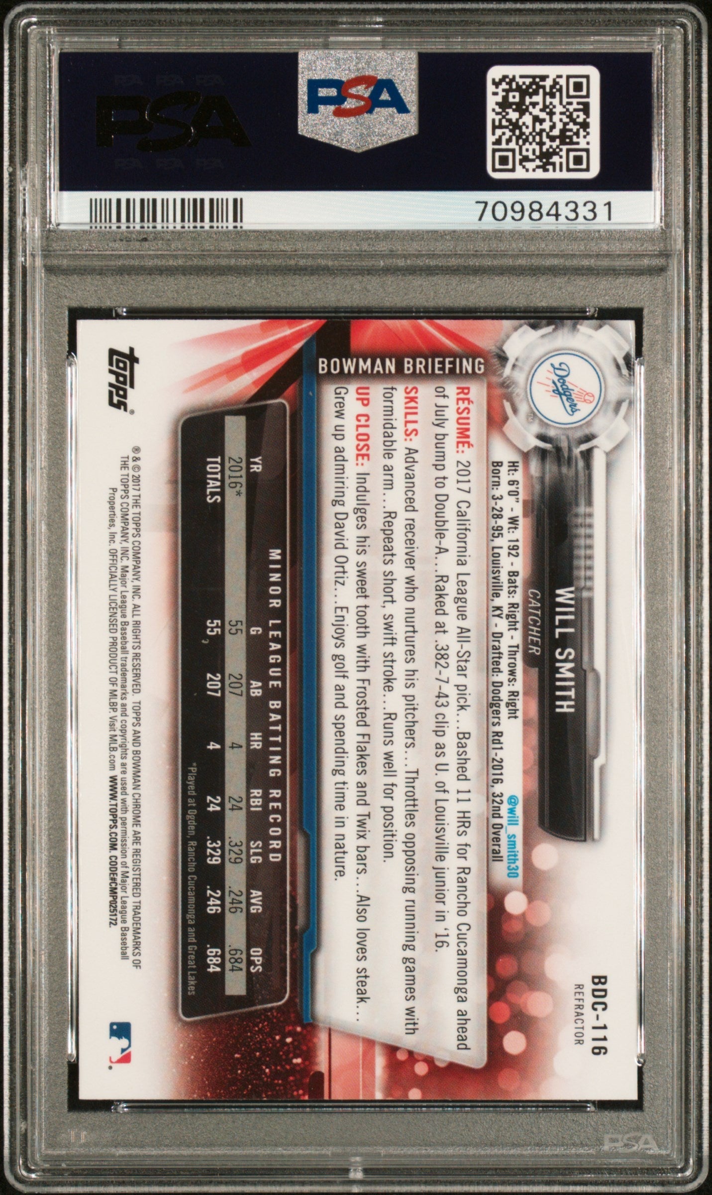 2017 Bowman Draft Will Smith Chrome Refractor #BDC116 PSA 9 Los Angeles Dodgers - Graded Sports Cards