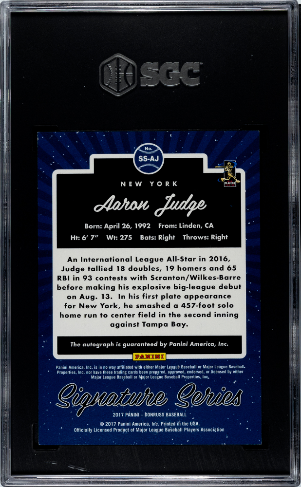 2017 Donruss Aaron Judge SIG. Series Blue Rookie 164/199 #SS-AJ SGC 9 AUTO 10 - Graded Sports Cards