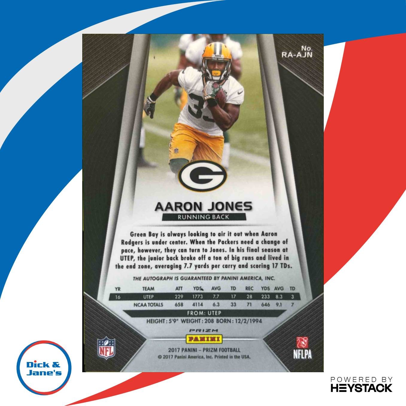 2017 Panini Prizm Aaron Jones Rookie Auto #RA-AJN RC Green Bay Packers - Sports Cards
