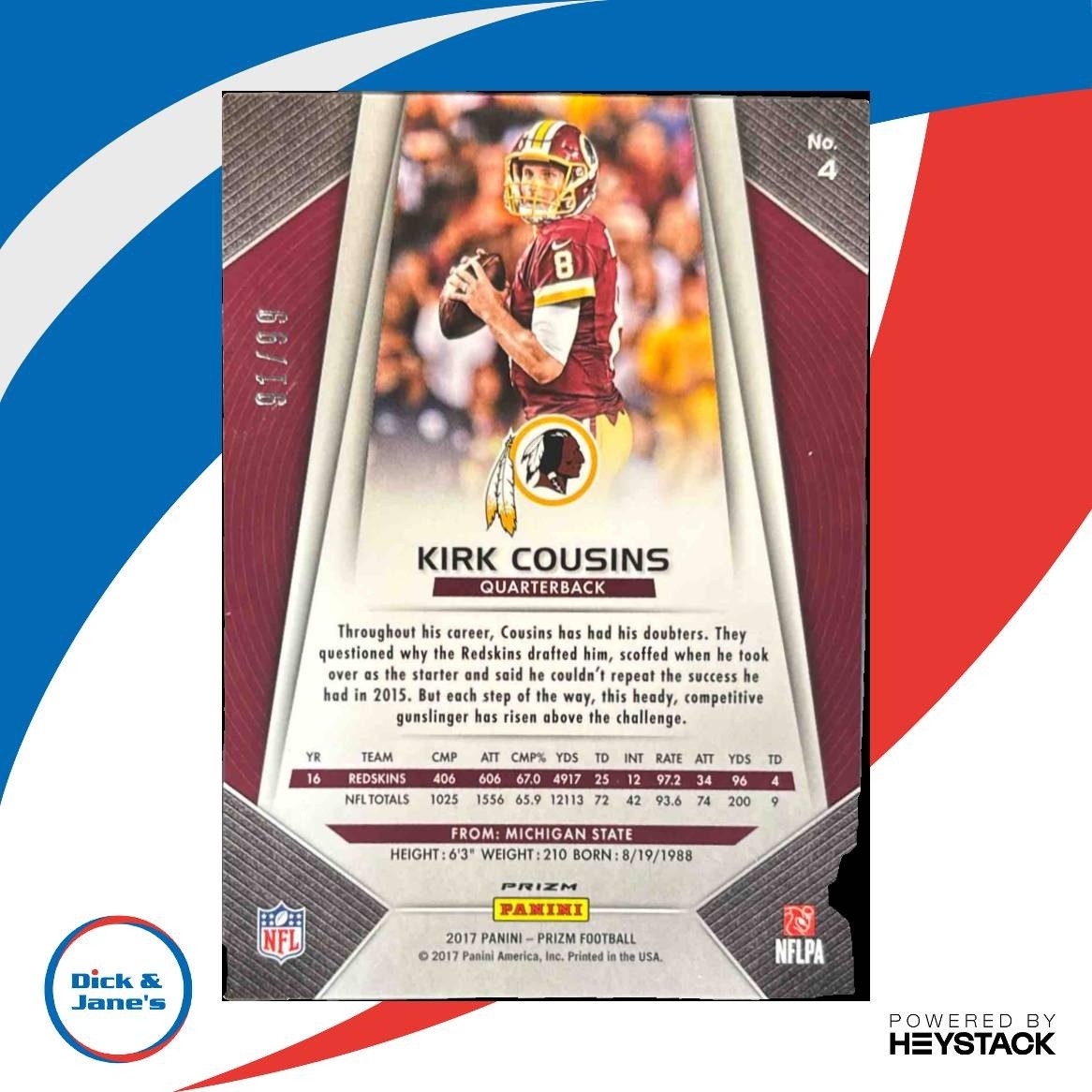 2017 Panini Prizm Kirk Cousins Green Scope 1/99 #4 Washington Redskins - Sports Cards